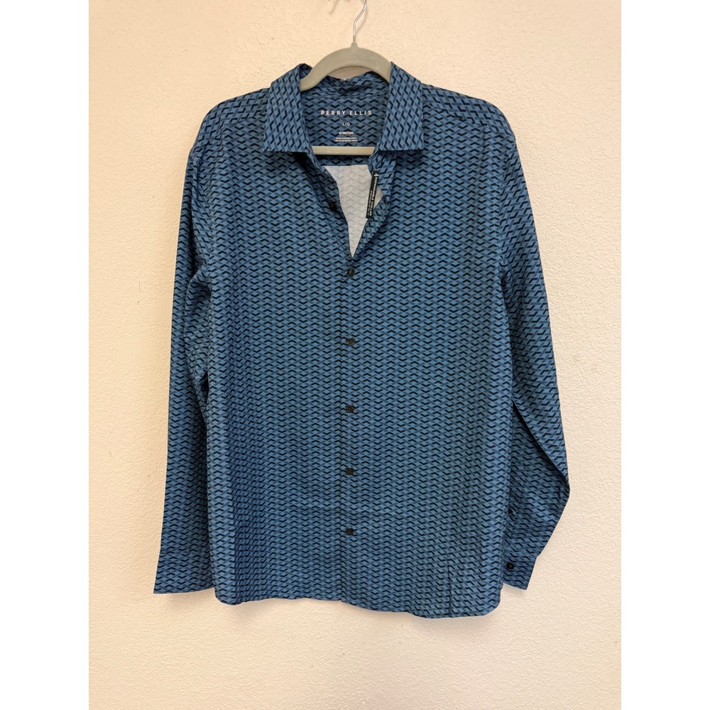 Perry Ellis Men's Large Blue Geometric Stretch Long Sleeve Button Shirt